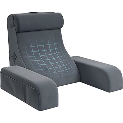 Homkdom Reading Pillow for Sitting in Bed Adult, 20" Back Pillow for Bed Sitting up with Armrests & Storage Pockets, Ergonomic Wedge Pillow for Watching TV, Gaming, Working, Recovery, 5PCS, Grey