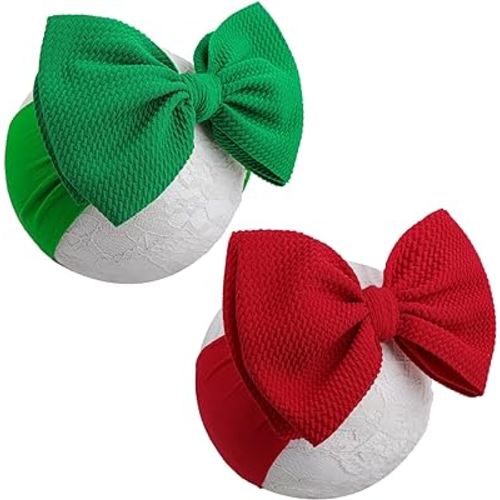 YanJie Baby Headbands, Red Hair Bow and Green Elastic Nylon Hairbands for Newborns and Infants, 2Pcs