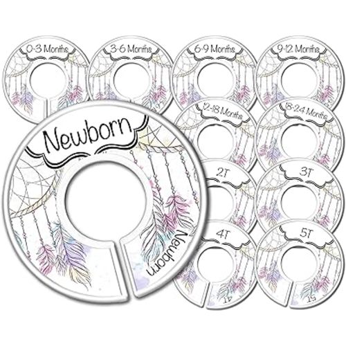 Baby Closet Dividers Set of 11, Newborn to 5T Girls Boho Dreamcatcher Theme, Watercolor Feathers Nursery Closet Organizer, Handmade Girl Nursery Decor