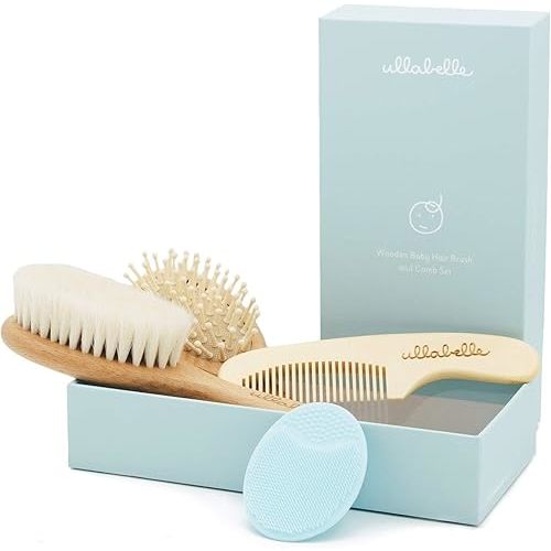 Ullabelle 4 Piece Wooden Baby Hair Brush and Comb Set for Newborns & Toddlers in Chic Gift Box - Ultra Soft Natural Goat Hair and Wood Baby Brush Set Prevents Cradle Cap - Perfect Registry Gift (Blue)