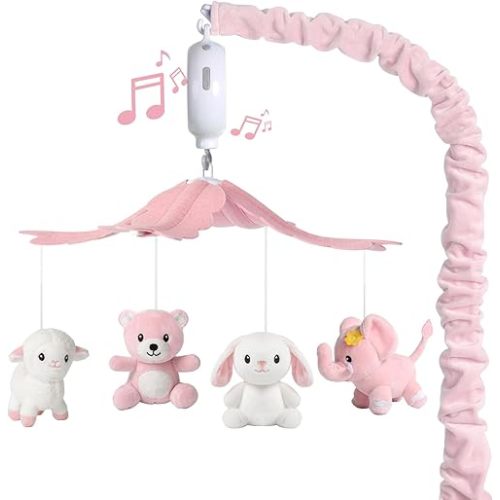 Baby Crib Mobile for Girls, Soft Plush Woodland Characters Rabbit Elephant Bear Sheep, Pink and White Nursery Decor, Calming Soother with 12 Lullabies Essential and Perfect Gift for Girls