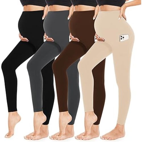 4 Pack Women’s Maternity Leggings with Pockets Over The Belly Butt Lift - Soft Workout Pregnancy Yoga Pants