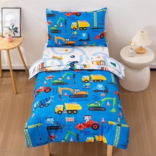 4 Pieces Construction Truck Toddler Bedding Set for Baby Boys, Colorful Vehicles Excavator Cars Printed, Includes Comforter, Flat Sheet, Fitted Sheet and Pillowcase,Blue