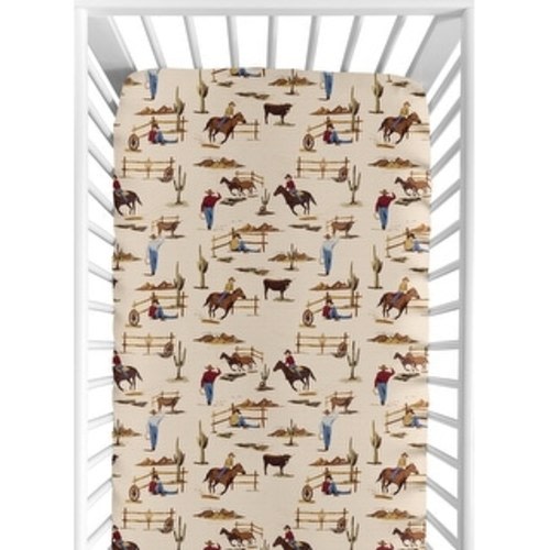 Wild West Collection Boy Jersey Knit Fitted Crib Sheet - Red, Blue, Tan Western Cowboy Southern Country Horse