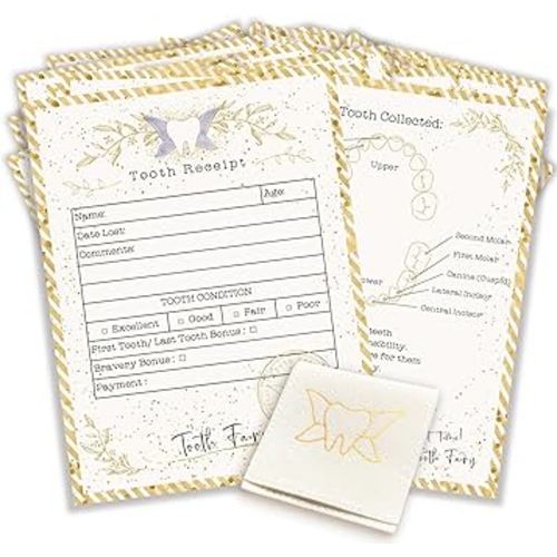 20 Tooth Fairy Receipt Cards and 1 Tooth Fairy Bag | Tooth Fairy Gifts for Boys and Girls | Tooth Fairy Certificate Keepsake for Kids (Light Gold, 4.25x5.5 in)