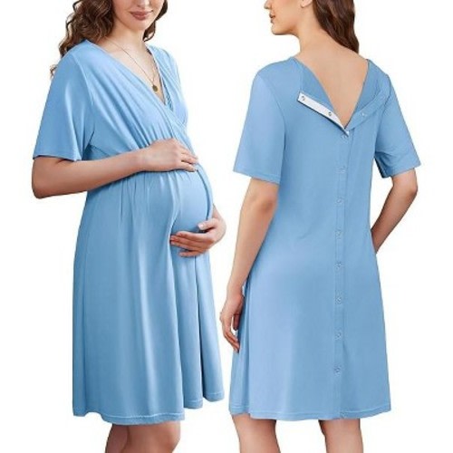Ekouaer Labor and Delivery Gown for Hospital Short Sleeve Maternity Nursing Dress Nightgown with Button Lake Blue M