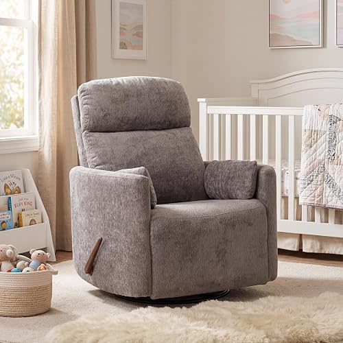 Oversized Swivel Rocker Recliner with Heat and Massage, Rocking Chair with Adjustable Headrest, Manual Recliner Chair with 2 Pillows, Chenille, Dark Grey