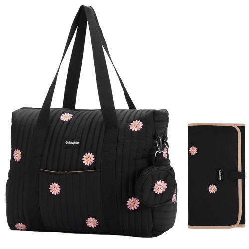 Large Diaper Bag Tote, Maternity Hospital Travel diaper tote, Multifunction baby bag, Baby Nappy Bags, Messenger bag (Medium - Black Flowers)