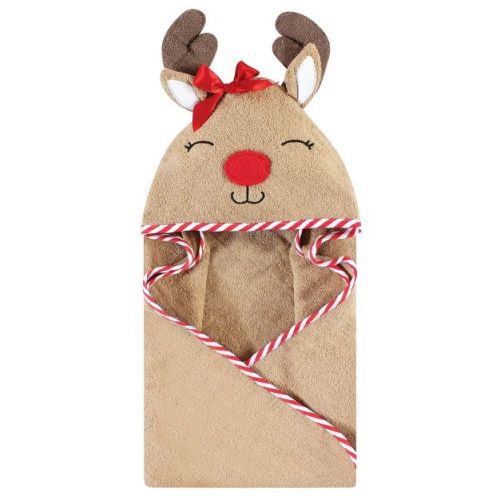 Hudson Baby Infant Girl Cotton Poly Animal Face Hooded Towel, Girl Holiday Reindeer, One Size