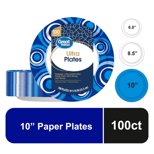 Great Value Ultra Disposable Paper Plates, 10 in, 100 Count