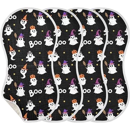 Muslin Baby Burp Cloths, Halloween Ghost Boo Muslin Washcloths Baby Bibs Rags Comfy Soft Absorbent in for Newborn Boys and Girls 4 Piece 22 x 11 Inch