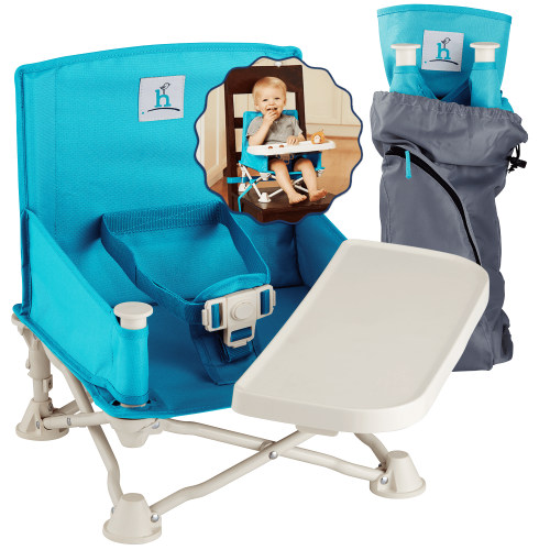 Hiccapop OmniBoost Travel Booster Seat with Tray, Tip-Free Wide Base, Folding Portable, Blue