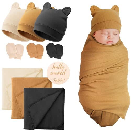 BQUBO 3 Sets Cotton Baby Swaddle Blankets Swaddling Wrap with Hats Mittens Newborn Soft Silky Nursery Receiving Blanket Cute Bear Ears Hat Elastic Gloves Set for Unisex Baby 0-3 Months
