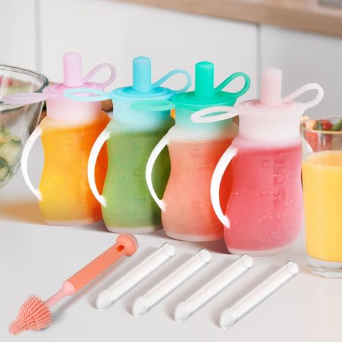 Silicone Reusable Baby Food Pouches with Straws, 4 Pack Squeeze Pouches for Toddler Kids, Silicone Refillable Baby Food Storage for Homemade Puree, Dishwasher, Freezer, Microwave Safe, 5 oz