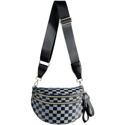 Spacious Checkered Nylon Crossbody Bag Bum Bag Checkered Handbags Wallets for Women