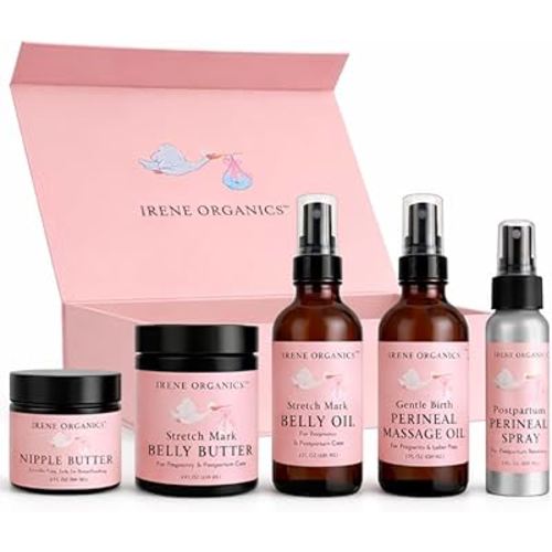 Irene Organics Belly Bundle – 5 Piece Pregnancy Skincare Gift Set with Organic Belly Butter & Natural Body Oil for Stretch Marks (5 piece set)