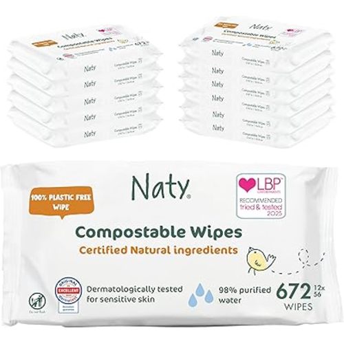 Naty Baby Wipes | 98% Water, Hypoallergenic & Natural for Sensitive Skin | Unscented, Plant-Based, Fragrance-Free | Plastic-Free & Compostable | Newborn & Toddler Diaper Wipes | 672 Count (12 Packs)