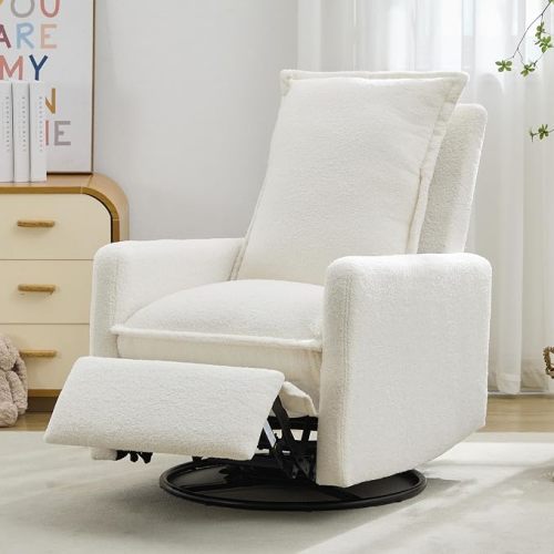 Nursery Glider Swivel Rocker, Silent Boucle Teddy Fleece Chair for Nursing