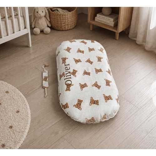 Teddy Bear Muslin Snuggle Me Cover | Organic Cotton Baby Lounger Slipcover | Neutral Infant Nest Pillow Cover | Handmade Newborn Gift