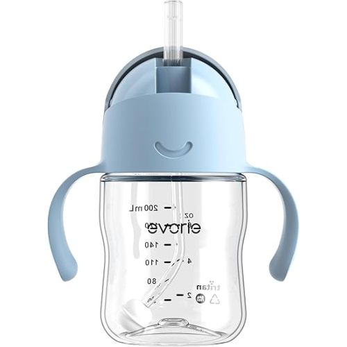 Evorie Tritan Weighted Straw Sippy Cup with Handles for Baby and Toddlers, Spill Proof Baby Water Bottle with Straw for 6 Months and up, 7 Oz, Infant Training Water Bottle (Blue)