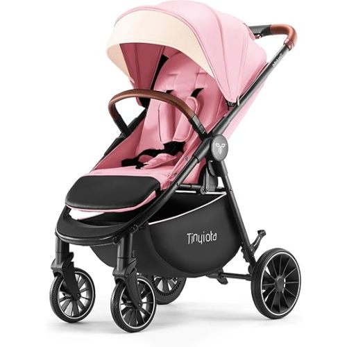 Tinyiota Baby Stroller, Infant Stroller with Large Canopy, Luxury Pram Stroller with Leather Handle & Spacious Seat, One-Hand Foldable Pushchair, Toddler Stroller with Lie-Flat Mode (Hot Pink)