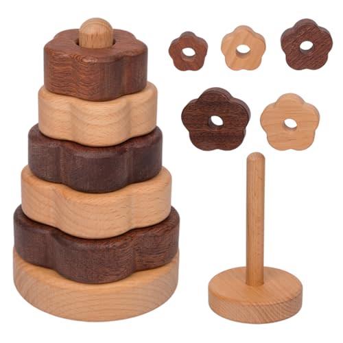 Adena Montessori Ring Natural,Montessori Geometric Stacker Wooden Educational Toy, Baby and Toddler Ages 12+ Months Shape Sorter and Stacking Tower Wood-Colored Wooden Stacking Toy for Babies(Flower)