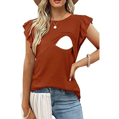 Women Nursing Flutter Sleeve Tops Crew Neck Blouse T Shirts