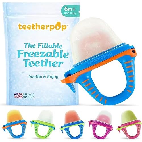 Teetherpop Fillable Freezable Teethers for Babies - Breastmilk Teether with Spill-Proof Sippy Slits – Teething Popsicle for Baby, Liquids & Purées, Cooling Teething Relief Feeder Pacifier - BlueOrange