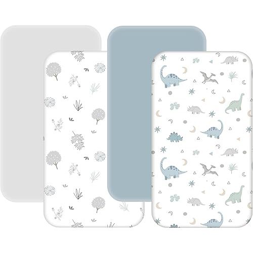 4 Pack Mini Crib Sheets Fitted - 38"x26" Pack and Play Sheets for Playard Mattress, Portable Mini Crib | Soft & Skin Friendly Pack N Play Sheets for Boys Girls (Dinosaur & Leaf)