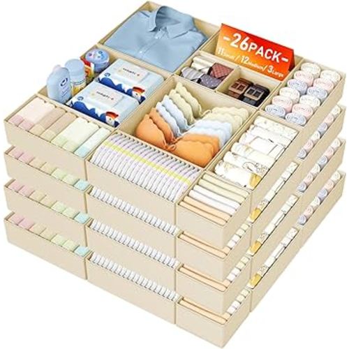 DIMJ Drawer Organizer Clothes, 26 Pack Dresser Organizer, Foldable Closet Organizers and Storage, Fabric Dresser Bins, Drawer Dividers for Nursery, Baby Clothes, Underwears, Sock,Beige
