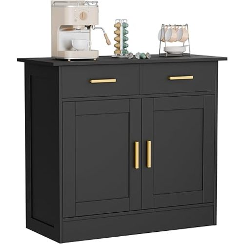 Buffet Cabinet with Storage - Buffets & Sideboards Kitchen Storage Cabinet, Wood Console Table Coffee Bar Accent Cabinets for Living Room Dining Room Entryway Small 2 Doors & Drawers, Black 35.4"W