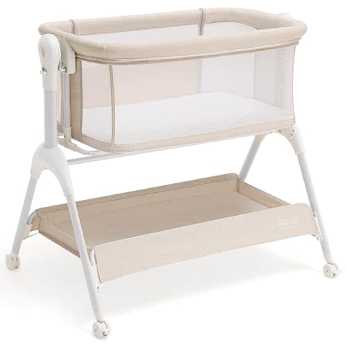 HARPPA Cuddly Baby Bassinet Bedside Sleeper, 3 in 1 Rocking Bassinet with Mattress and Soft Cover, Full Mesh Sides, 5 Height Adjustable with Wheels for Newborns