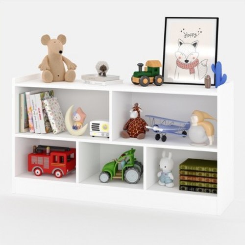 Kids Wooden Bookshelf 5-Section 2-Tier, Open Shelving Toy Storage Organizer Bookcase for Playroom, Nursery, Classroom & Kindergarten