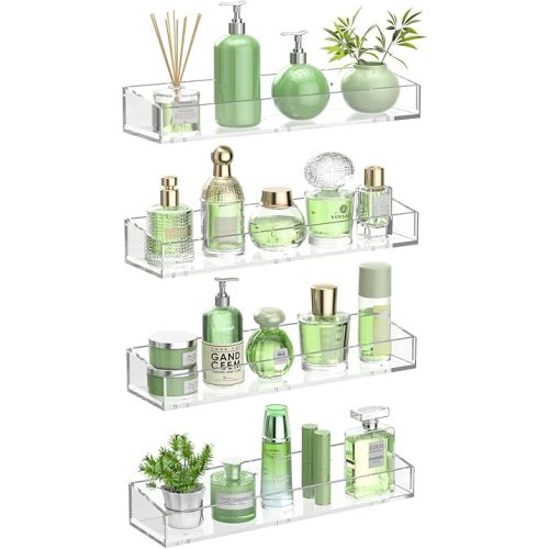 4PCS Acrylic Floating Shelves for Wall, 15" Clear Acrylic Shelves, Bathroom Shelf with Two Types of Installation, Space Saving Hanging Wall Shelf for Bathroom, Living Room, Bedroom, Kitchen
