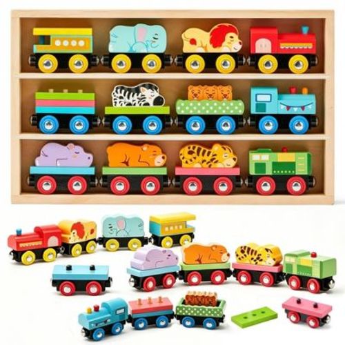 Joyfy 12 PCS Magnetic Wooden Train Toy Set, Montessori STEM Educational Toys for Toddlers 2-8 Year Old, Animal Train Cars with Storage Gift Box
