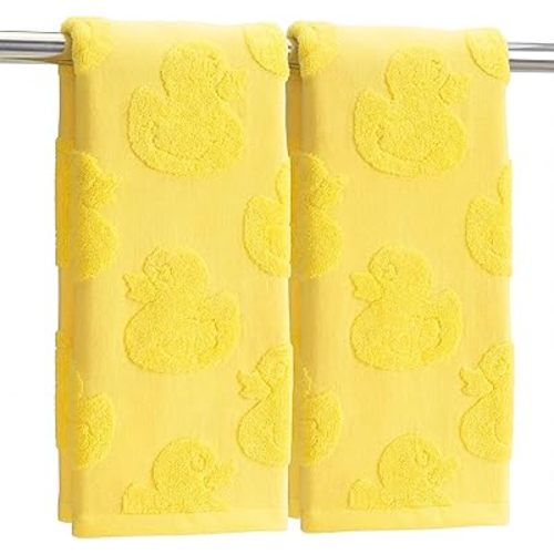 2pcs Yellow Duck Hand Towels for Bathroom Yellow Cotton Jacquard Kitchen Bath Hand Towels Set Cute Duck Decorative Weave 3D Kitchen Dish Towel Soft Absorbent Bathroom Towel Home Decor Gift