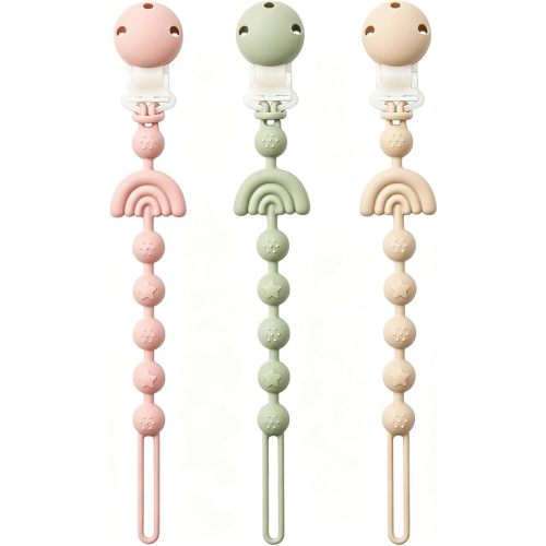 Baby Pacifier Clips One Piece Binky Clip Holder Silicone Teether Clip Pacifier Straps with Clip Baby Teether Toys for Boys and Girls Set of 3 Andy Bear-Ivory+Sage+Blush