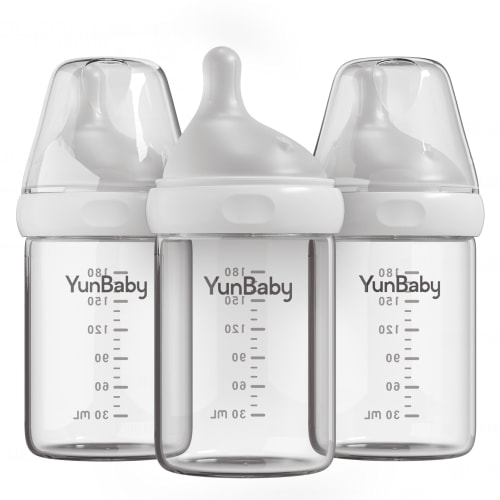 YunBaby Newborn Baby Bottle 6oz, Made of Borosilicate Glass, Anti-Colic, with a Wide Neck, Breast-Like Nipple, Natural Glass Baby Bottles, 3 Pack