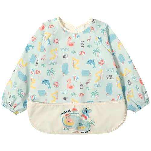 Little Dimsum Mess-Proof Baby Bibs|Infant Toddler Long Sleeve Waterproof Feeding Smock|Catching Food & Wipe Clean