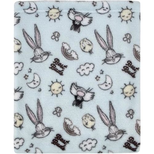 Warner Brothers Looney Tunes Best Buds Pastel Blue, Yellow, and White Bugs Bunny, Tweety, and Sylvester The Cat Super Soft Baby Blanket