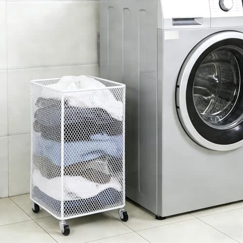 Rolling Laundry Basket with Wheels, Metal Laundry Cart with Handle and Brakes Mobile Mesh Laundry Basket Cart for Bathroom Bedroom Laundry Room (White, Square)