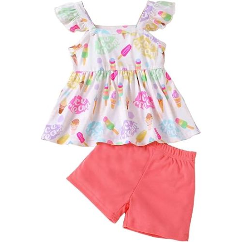 Toddler Baby Girls Summer Clothes Outfits Ruffled Sleeve Dinosaur Shirt Leopard Tops and Shorts Pants Sets 2PCS