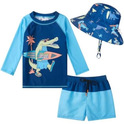 Toddlers Baby Boys' 3-Piece Rashguard Set Kids Bathing Suit Set with Hat UPF 50+