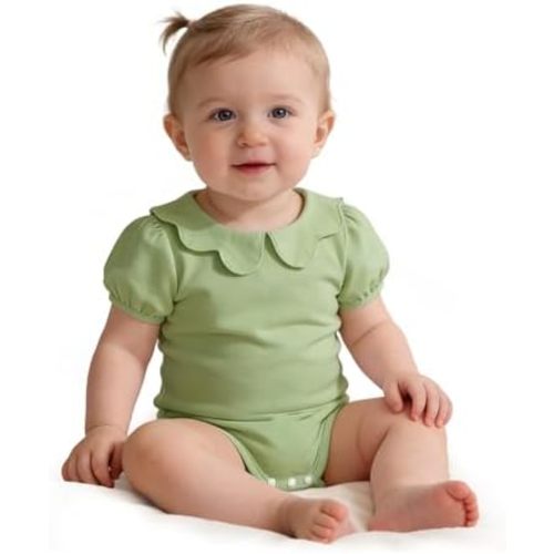 LYSMuch 0-24Mo Baby Girls Peter Pan Collar Bodysuit Toddler Ruffle Romper Short Sleeve Solid Color Clothes