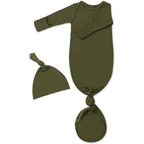 Baby Knotted Gown with Hat Set for Newborn Boy Girl, Ultra Soft Tie Gown with Mitten, Long Sleeve Infant Sleeper 0-3 M