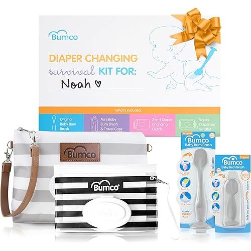 Baby Essentials Set - Personalized Diaper-Changing Baby Gift Set, Gender Neutral Baby Gift with 2 Baby Bum Brushes (Original & Mini) + Diaper Clutch Bag + Wipes Wristlet, Newborn Gift Set