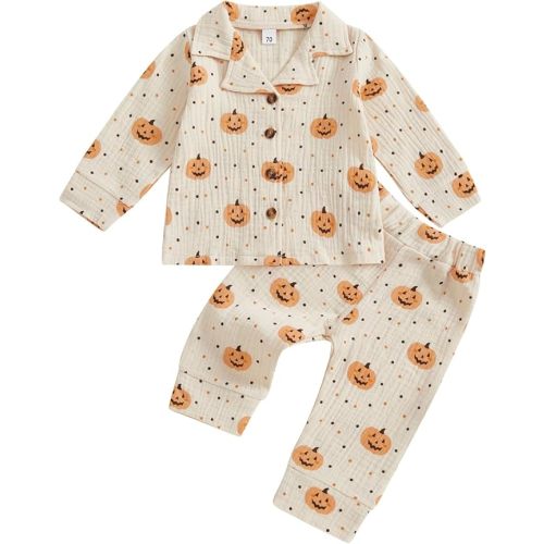 fyclemt Toddler Baby Girl Boy Halloween Pajamas Pumpkin Cotton Linen Long Sleeve Button Down Shirts Pants Kids Sleepwear Pjs