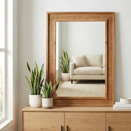 20" x 30" Farmhouse Rattan Decorative Wall Mirror, Brown Vanity Mirror for Bathroom, Wood Accent Mirror for Living Room or Hallway-Panipeachy