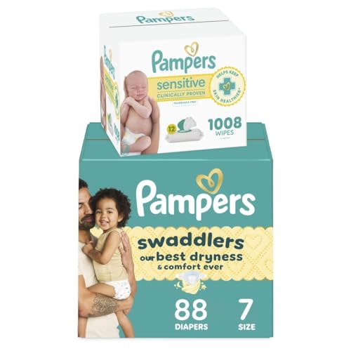 Pampers Swaddlers Disposable Baby Diapers Size 7, 88 Count with Sensitive Water Based Baby Wipes 12 Flip-Top Packs (1008 Wipes Total)