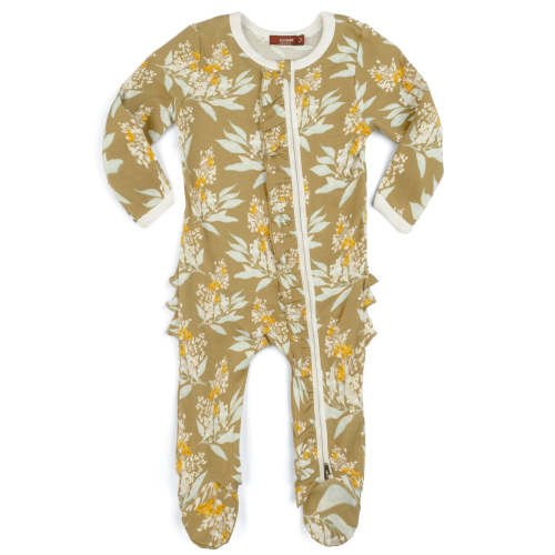 Gold Floral Organic Cotton Ruffle Zipper Footed Romper